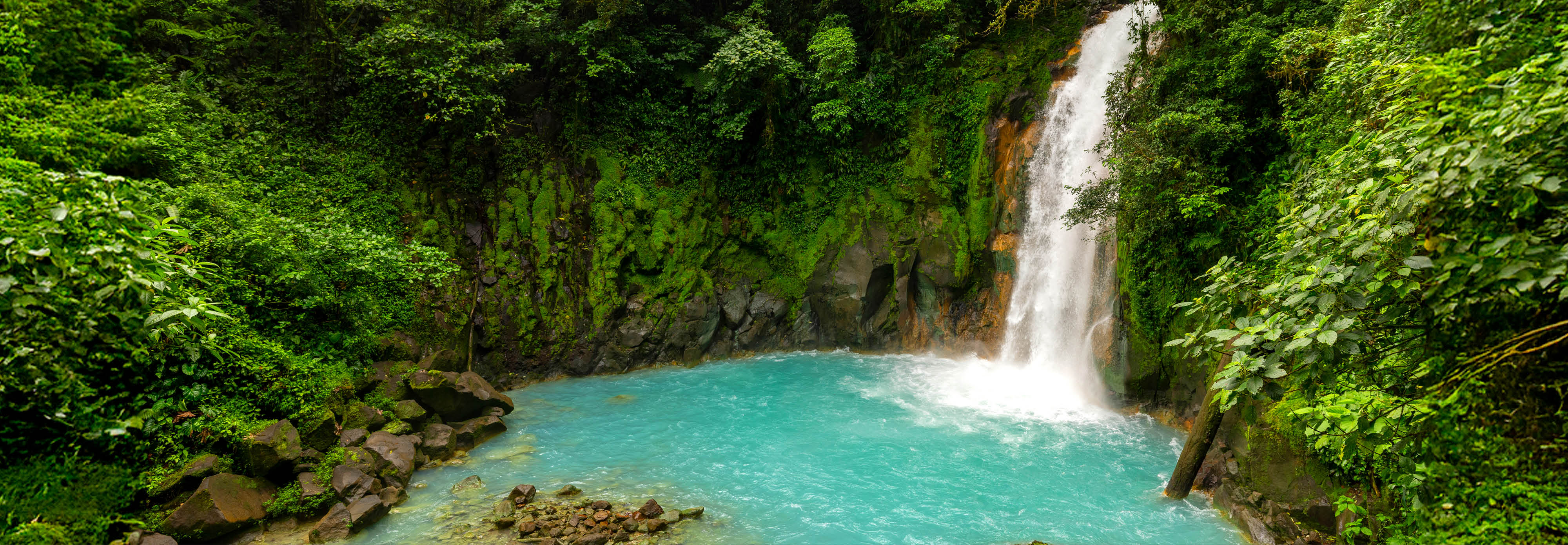 A stunning waterfall cascading down lush green rocks in Costa Rica, surrounded by vibrant tropical foliage
