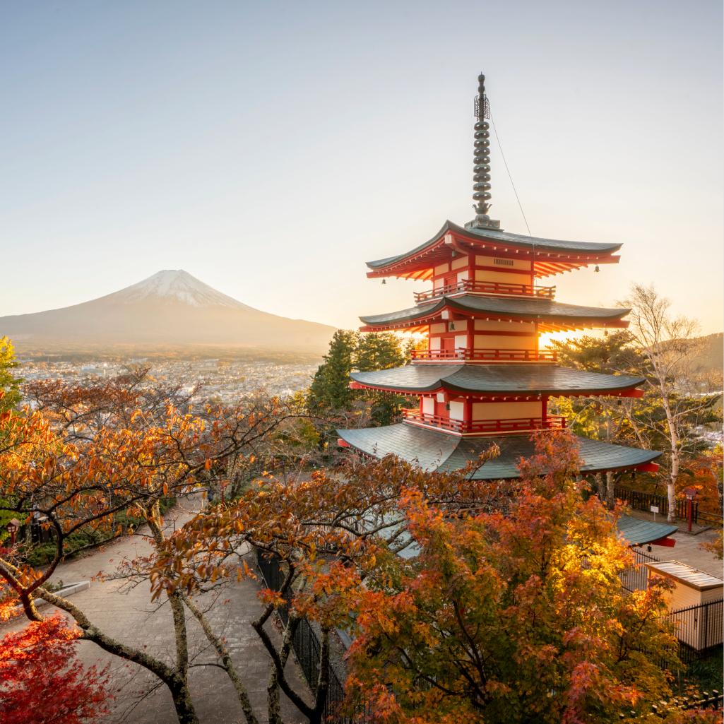 Five-story pagoda overlooking Mount Fuji during autumn in Japan
