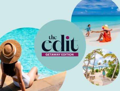 The Edit Getaway Edition travel collage featuring turquoise waters, relaxed poolside moments and all-inclusive beach resorts