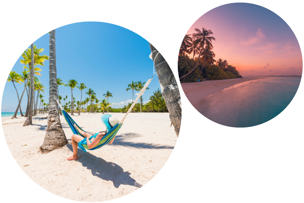 The Edit Getaway Edition travel collage featuring hammock relaxation on a palm-lined beach and a tranquil tropical sunset shoreline