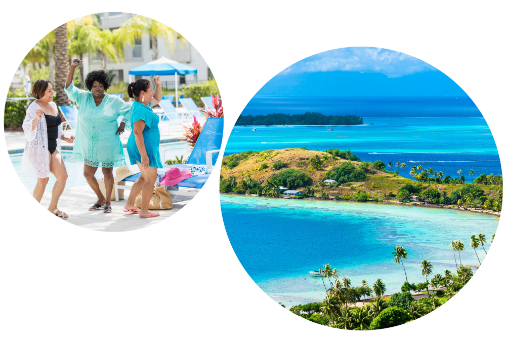 The Edit Getaway Edition travel collage featuring friends celebrating poolside and vibrant tropical island escapes