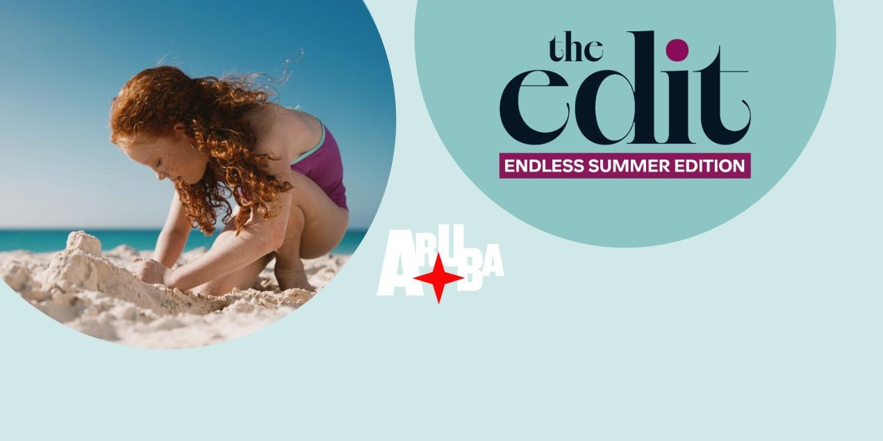 Child playing in sand on Aruba beach, Endless Summer Edition.