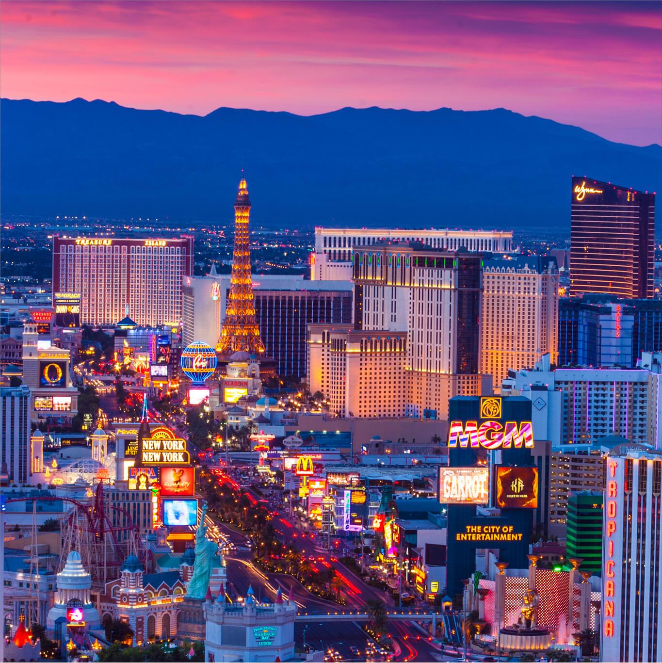 Aerial view of tthe Las Vegas strip at sunset