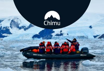 Chimu Adventures travelers cruise past glaciers on a Zodiac expedition in Antarctica