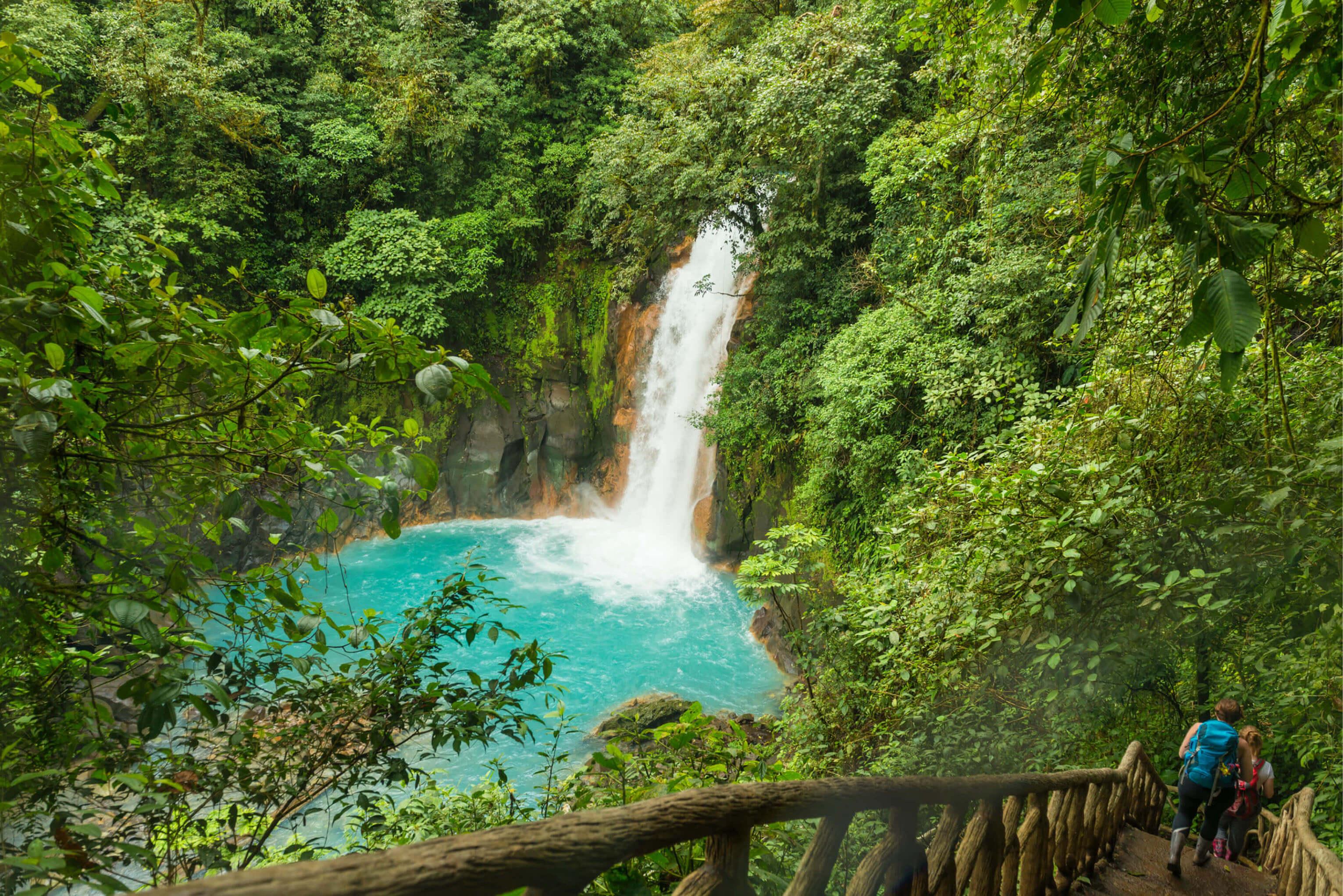 Travelers descend wooden stairs through the rainforest in Central America, heading towards a cascading waterfall