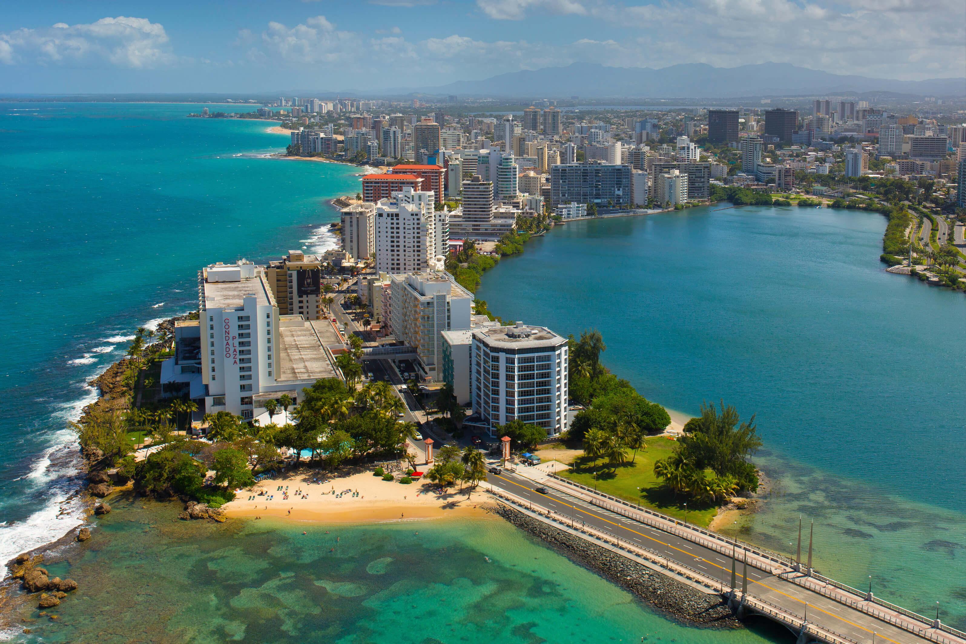 High angle of San Juan, Puerto Rico, where the water meets the city