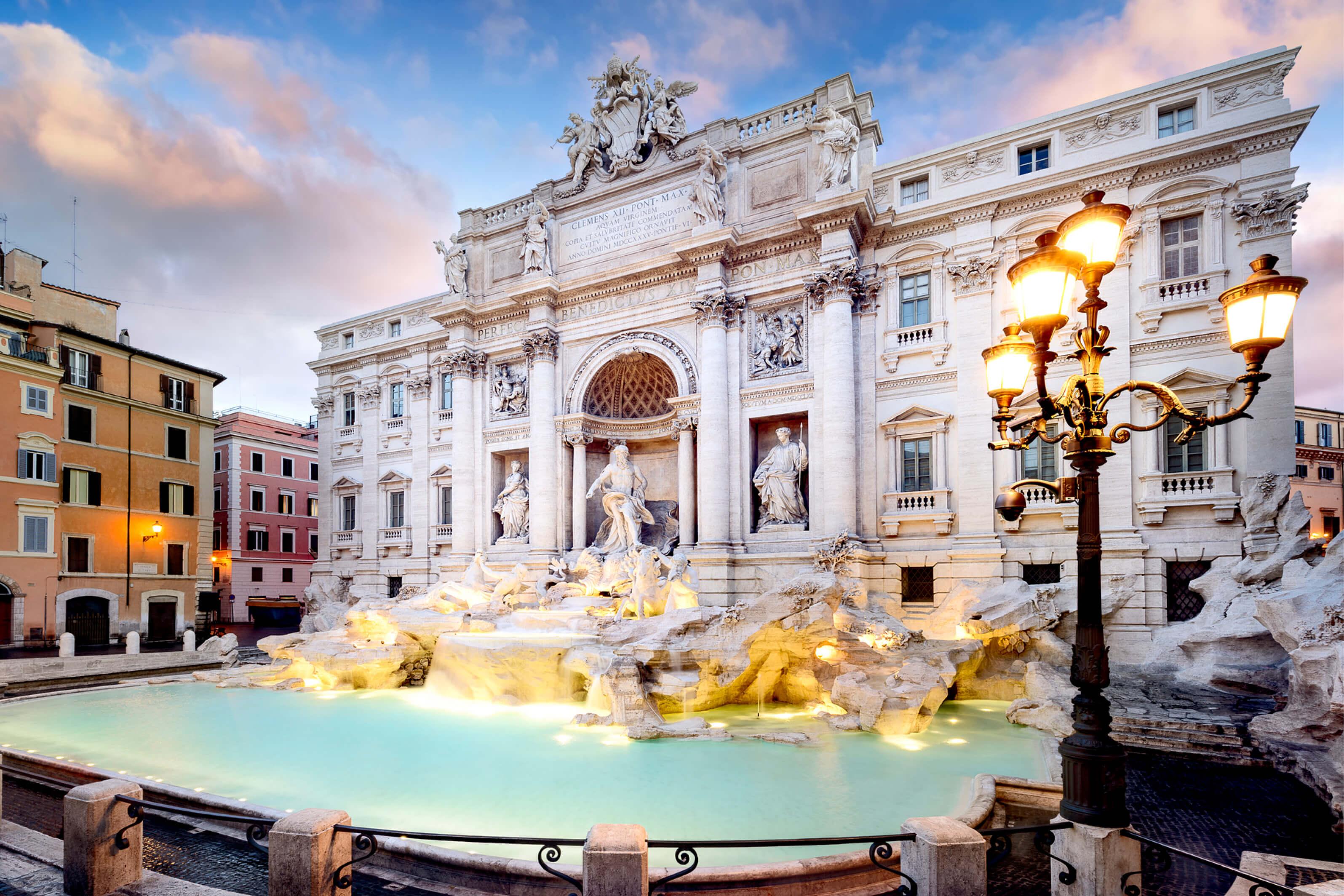 The iconic Trevi Fountain in Rome, Italy, featuring intricate carvings and a cascade of water
