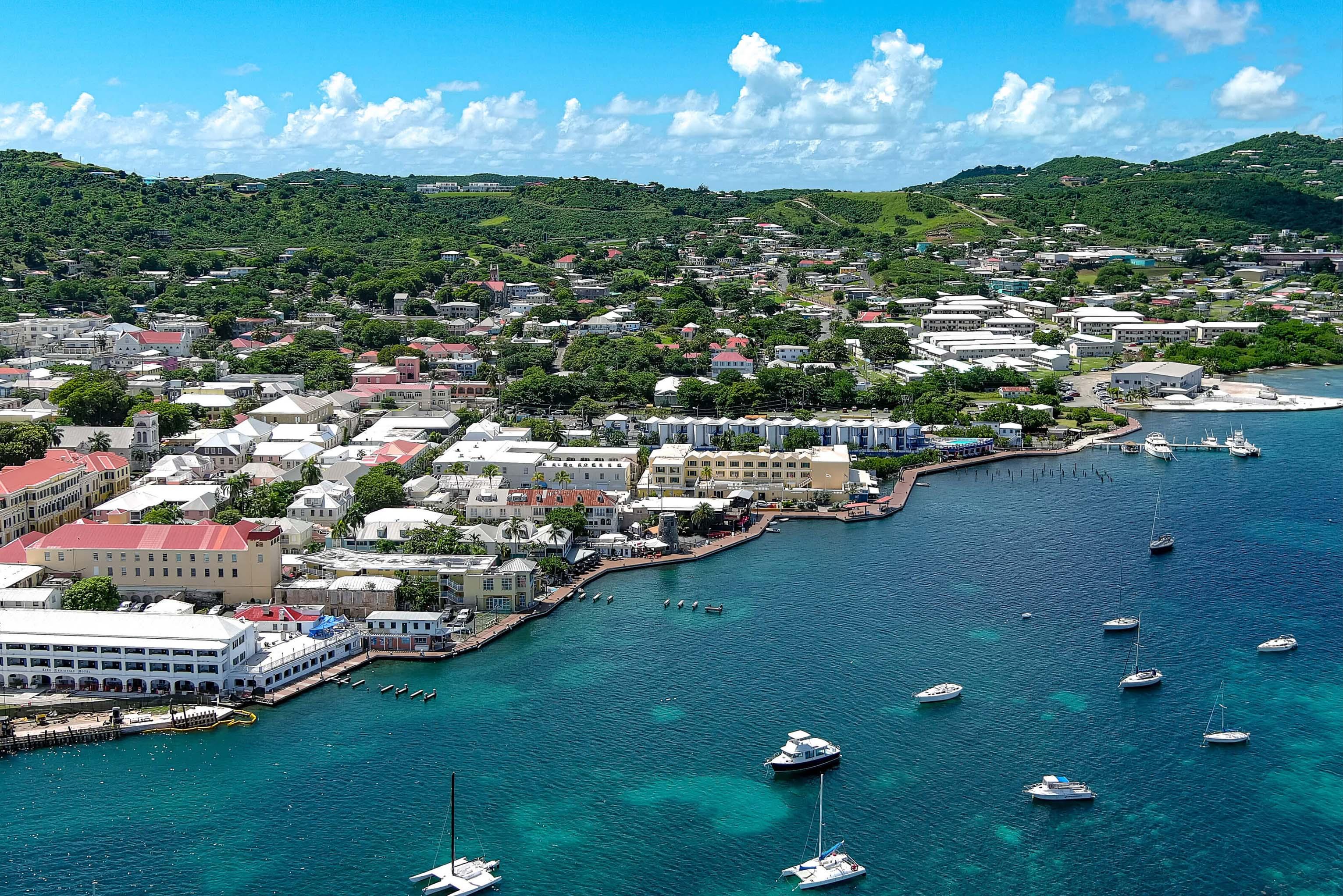 Buildings embedded in lush greenery up against a deep blue sea with several boats