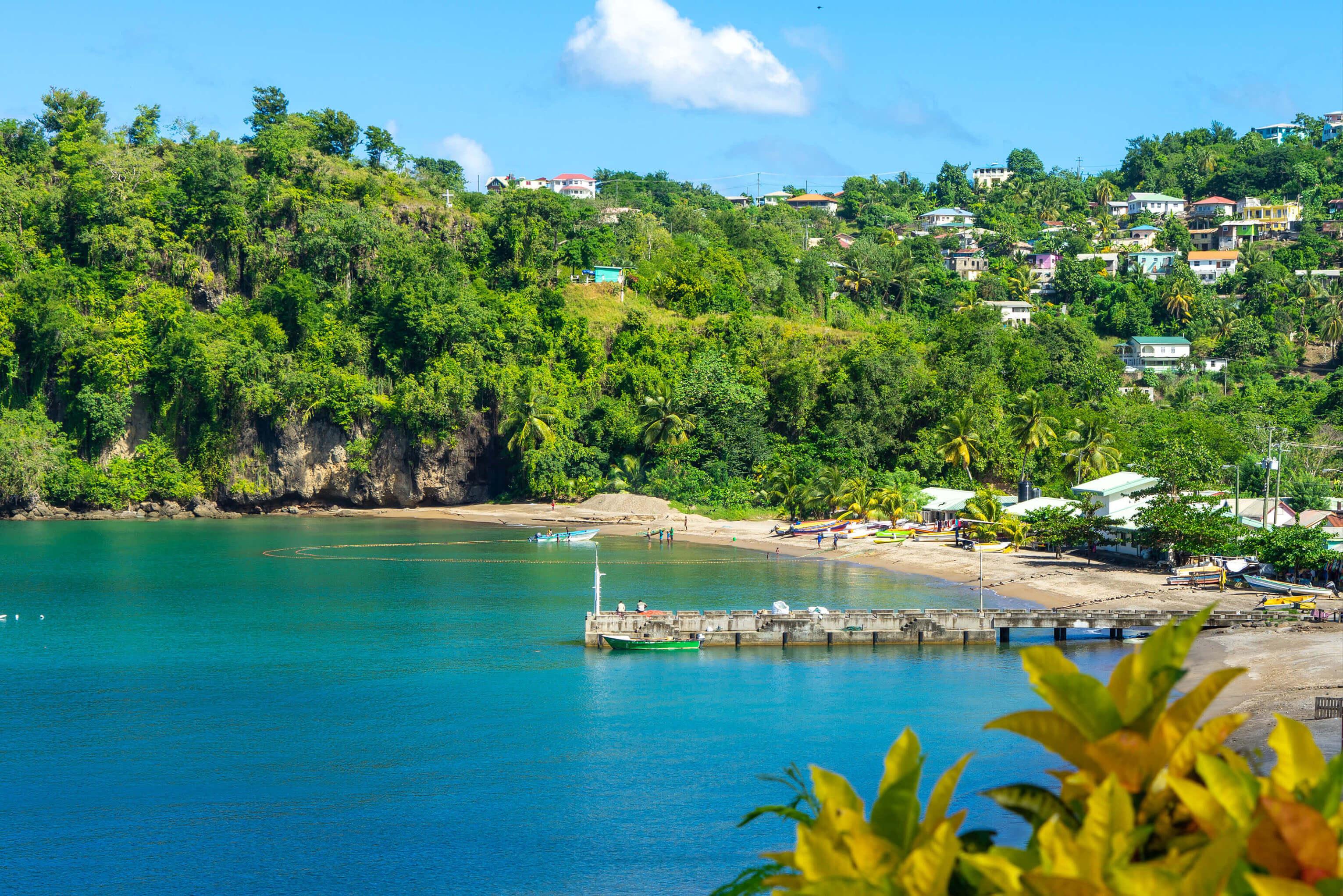 Lush landscape and serene water of St. Lucia, with a dock in the middle distance
