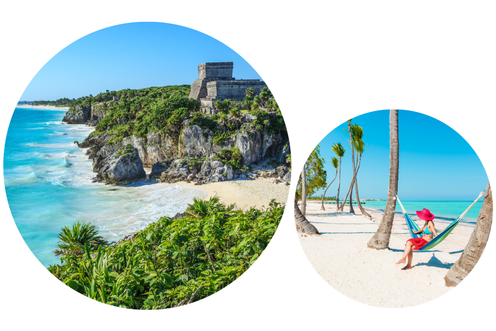 Tulum’s seaside Mayan ruins and a traveler relaxing on a tropical beach in Mexico