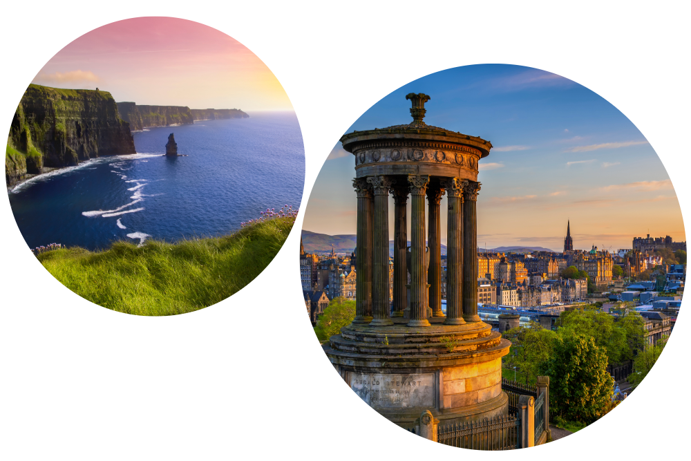 Cliffs of Moher in Ireland and Edinburgh skyline overlooking Scotland’s capital