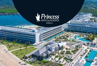 Aerial view of Princess Hotels & Resorts Jamaica with beachfront pools, palm trees, and the Caribbean Sea.