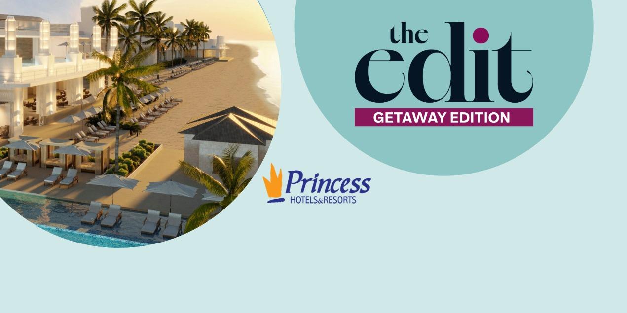 Princess Hotels & Resorts beachfront property with pools, palm trees, and ocean views at sunset.