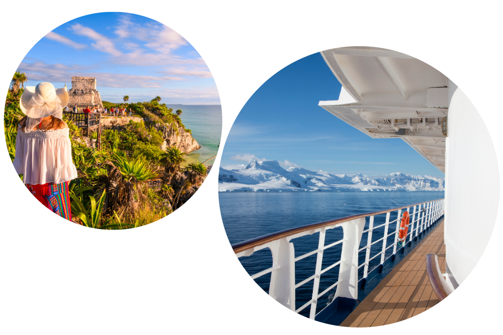 Traveler exploring Tulum, Mexico and Antarctic views from a cruise ship