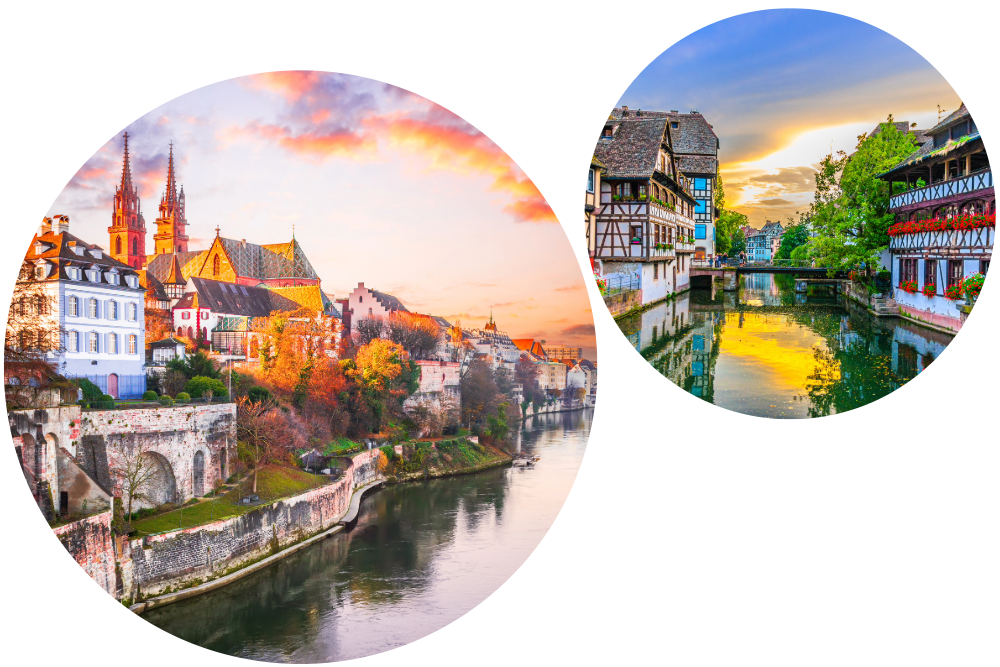 Basel, Switzerland and Strasbourg, France along the Rhine River at sunset