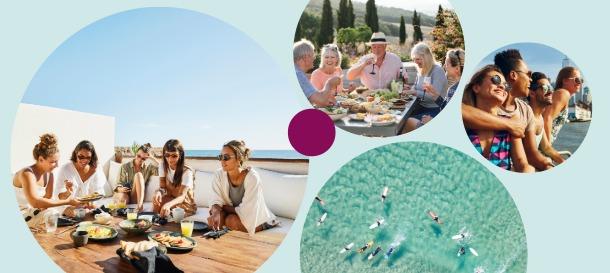 The Edit Getaway Edition collage featuring friends dining outdoors, group travel and ocean swimmers