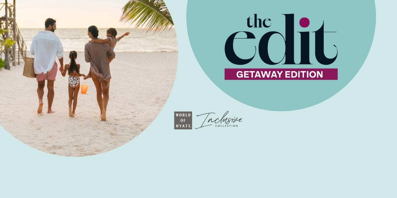 Family walking on beach at Hyatt's Inclusive Collection resort The Edit Getaway Edition campaign