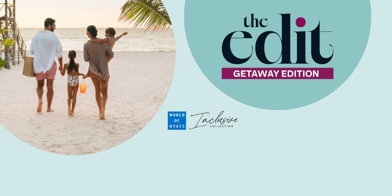 Family walking on beach at Hyatt's Inclusive Collection resort The Edit Getaway Edition campaign