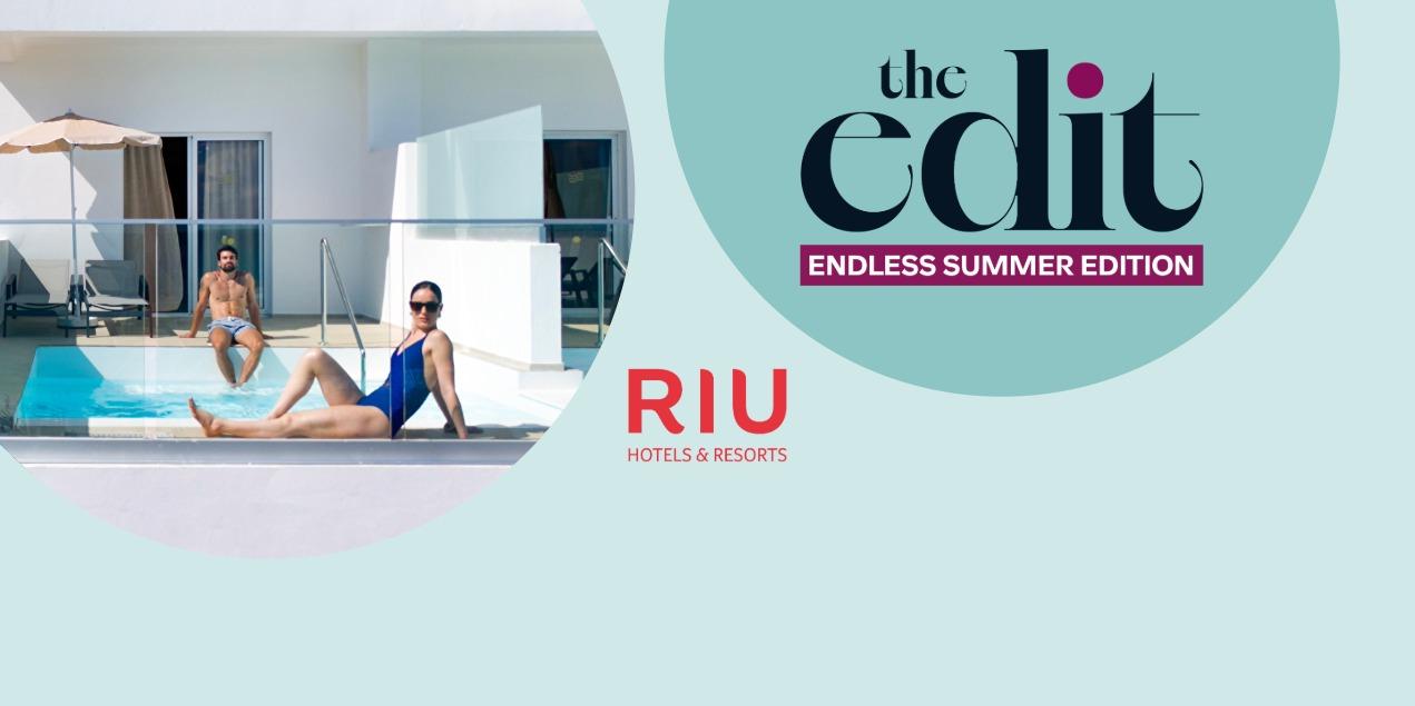 Two guests relaxing by a pool outside a resort suite at RIU Hotels & Resorts.