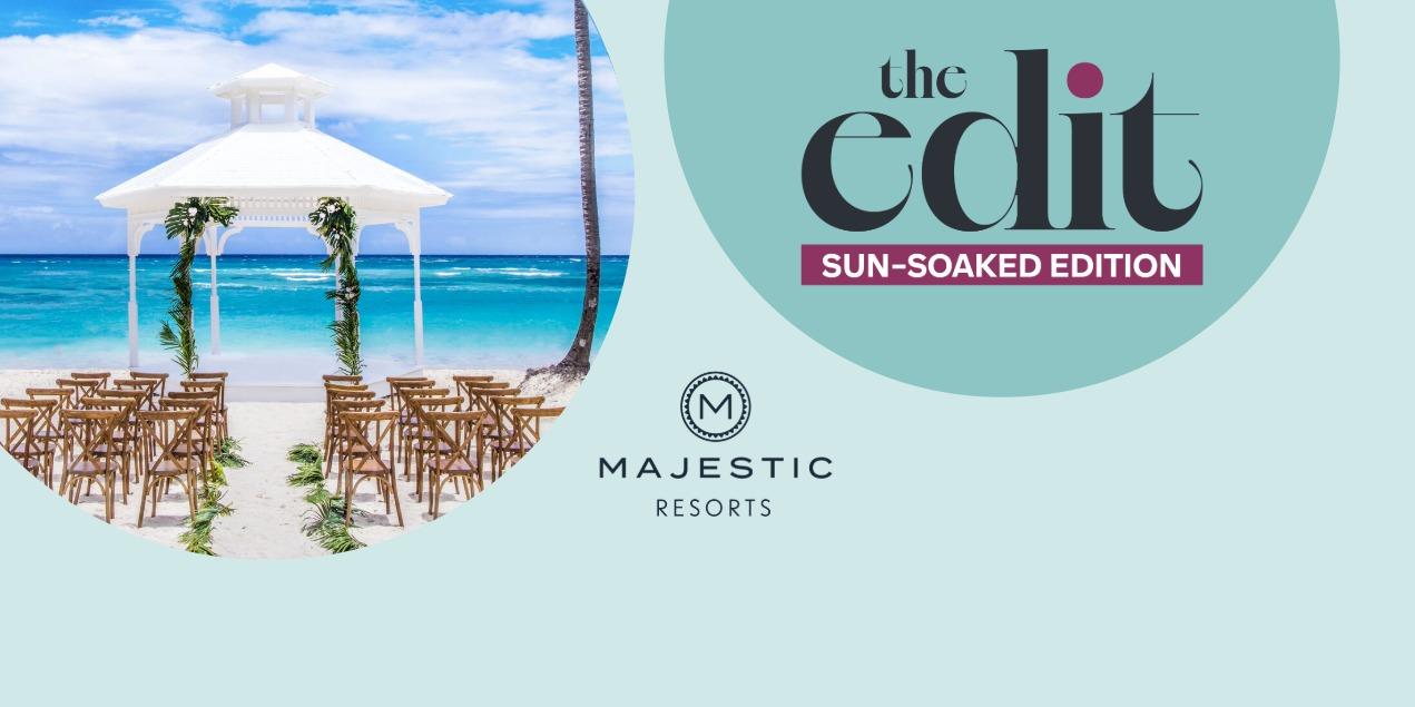 Beachfront wedding ceremony setup with The Edit Sun-Soaked Edition featuring Majestic Resorts.