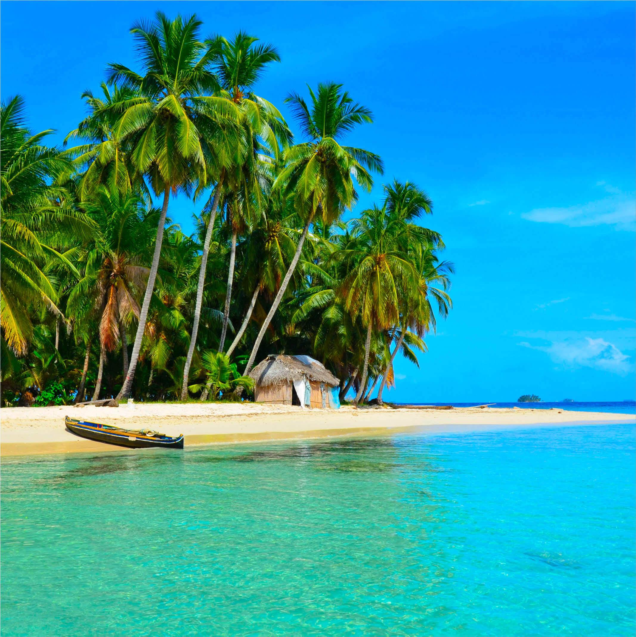A coastal shoreline with palm trees and a rowboat ashore in Panama