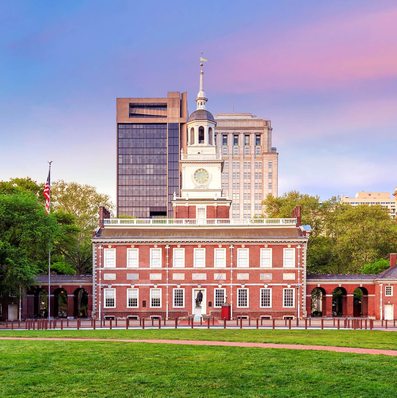 A sunset view of Independence Hall in Philadelphia