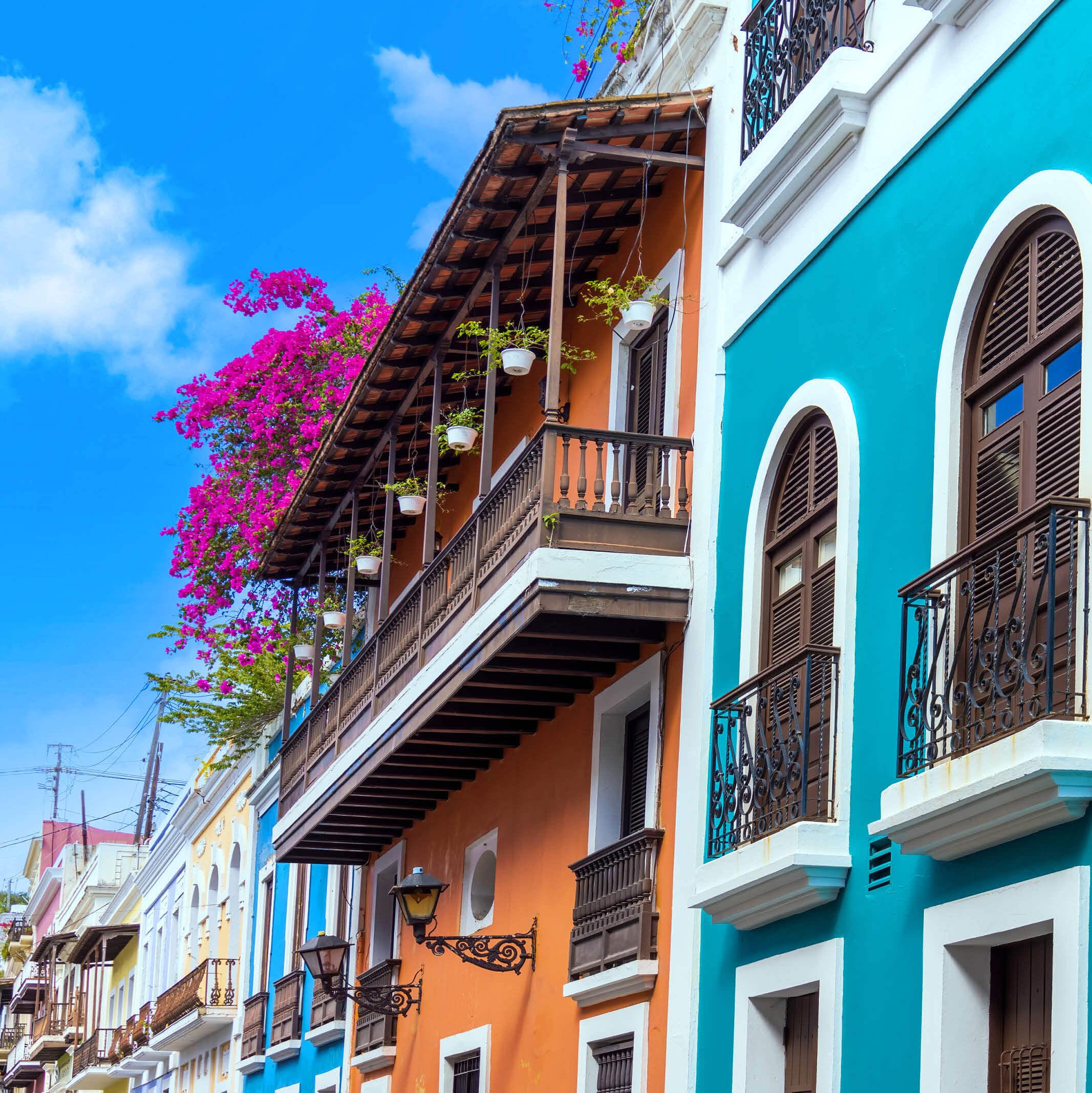 Bright orange and turquoise buildings in Puerto Rico