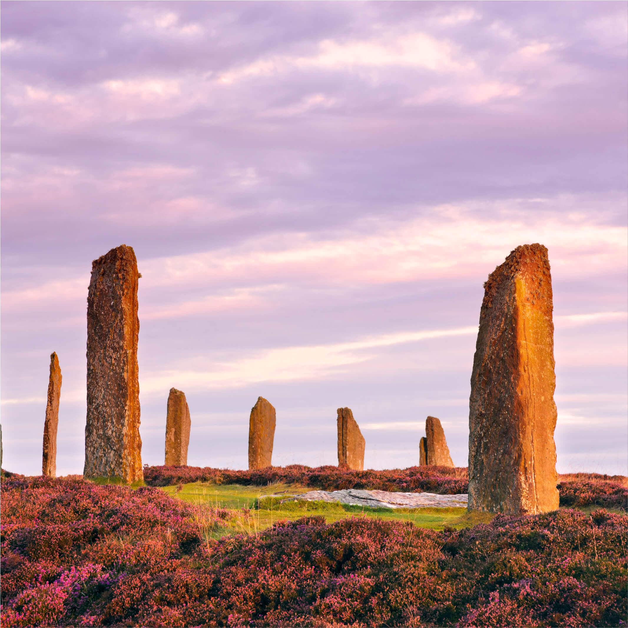 The Ring of Brodgar, on Orkney, Scotland under a cloudy sky