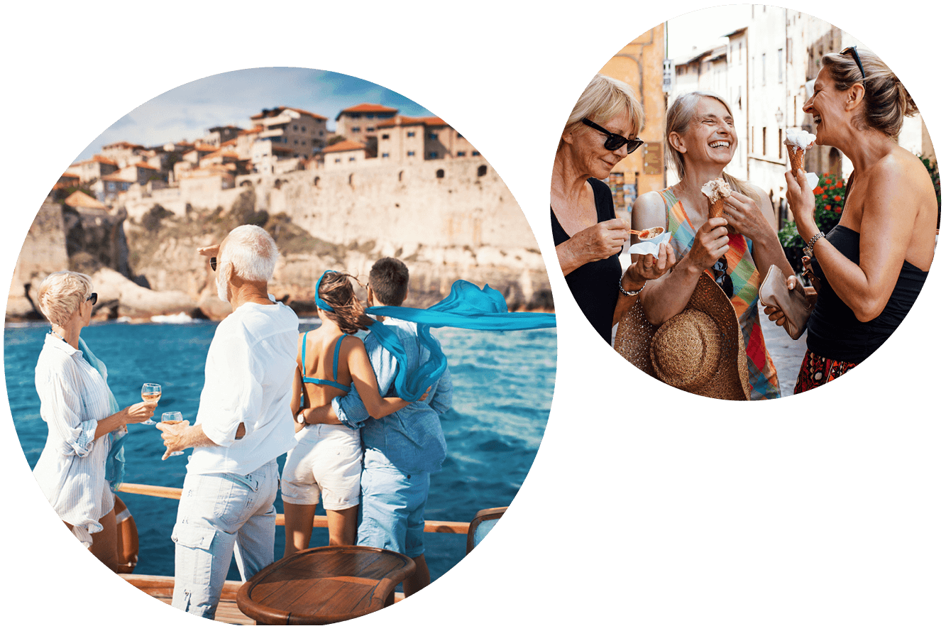 Friends enjoying a coastal boat cruise and strolling historic streets while traveling together.