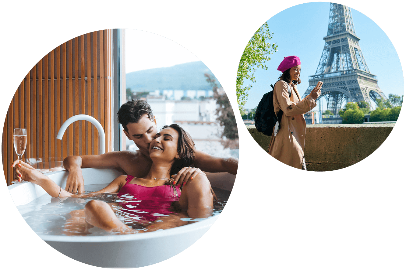 Couple relaxing in a bathtub holding champagne and a woman standing near the Eiffel Tower.