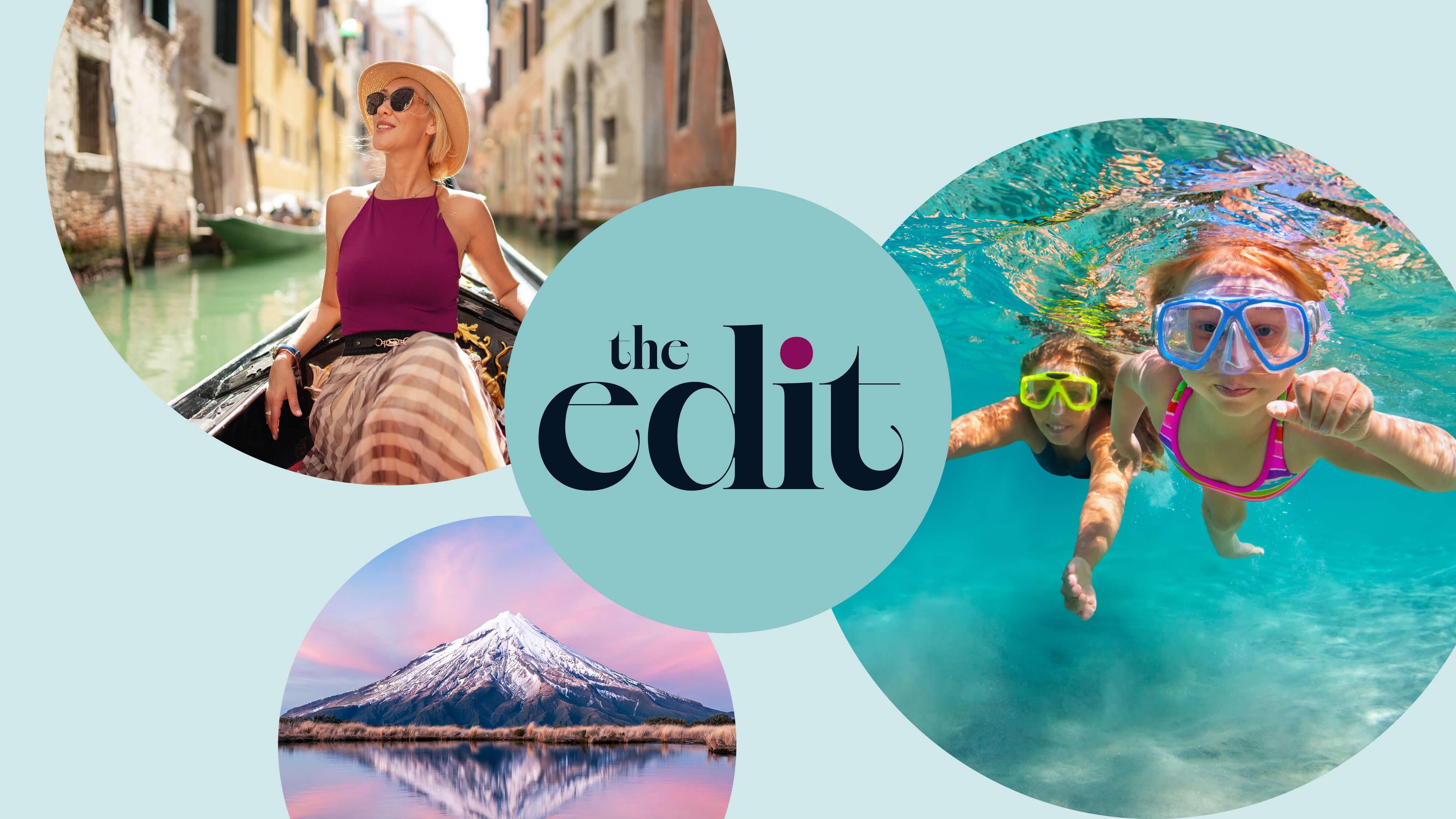 The Edit travel collage featuring a gondola ride, snorkeling adventure and mountain landscape.