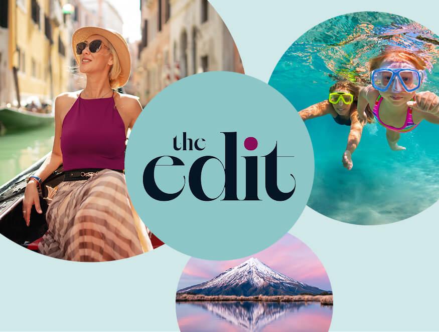 The Edit travel collage featuring a gondola ride, snorkeling adventure and mountain landscape.