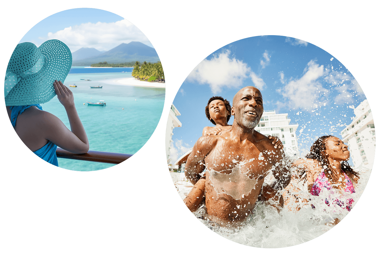 Traveler overlooking a tropical beach and family splashing together in the ocean.