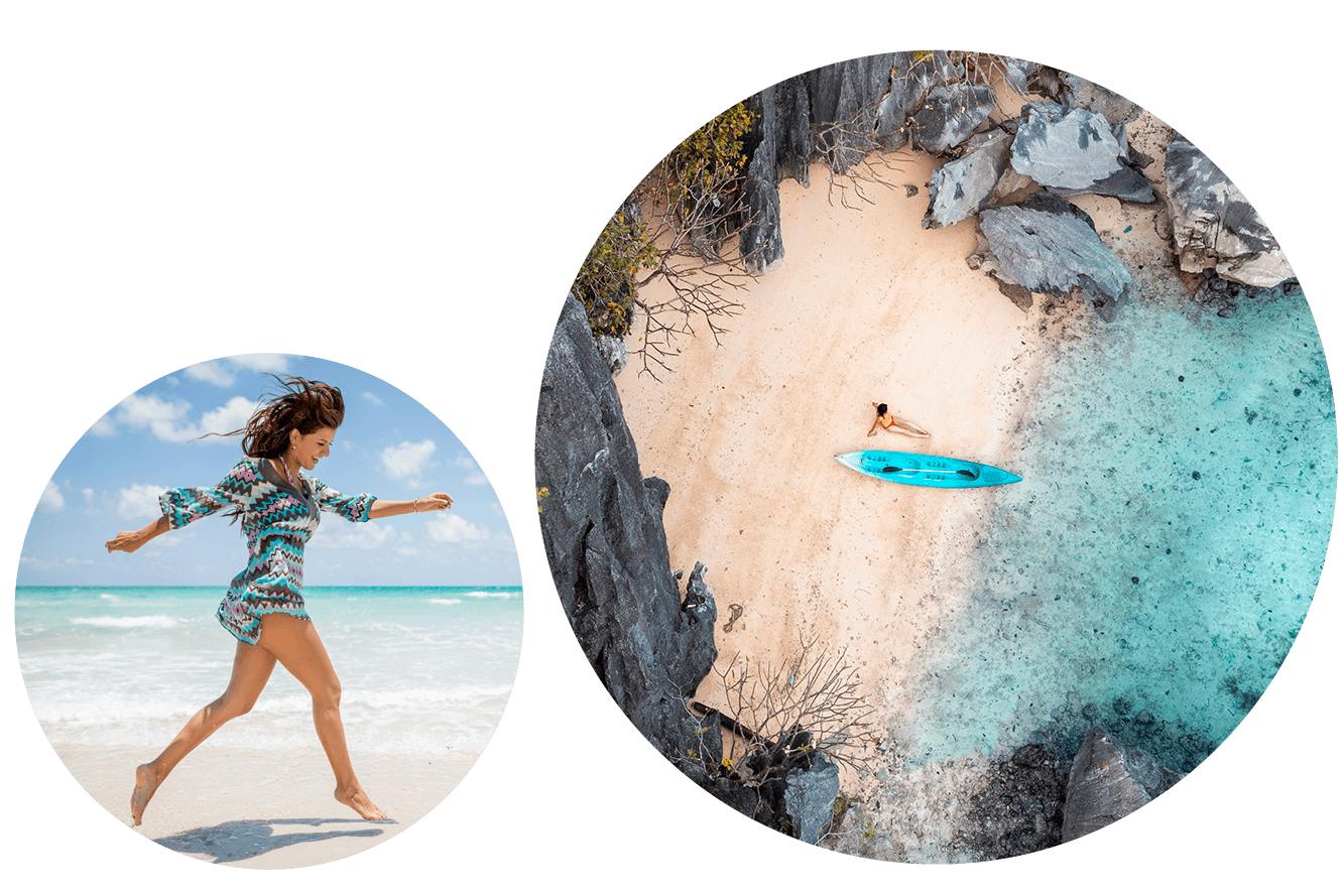 Woman running along a sandy beach and aerial view of a secluded cove with a kayak.
