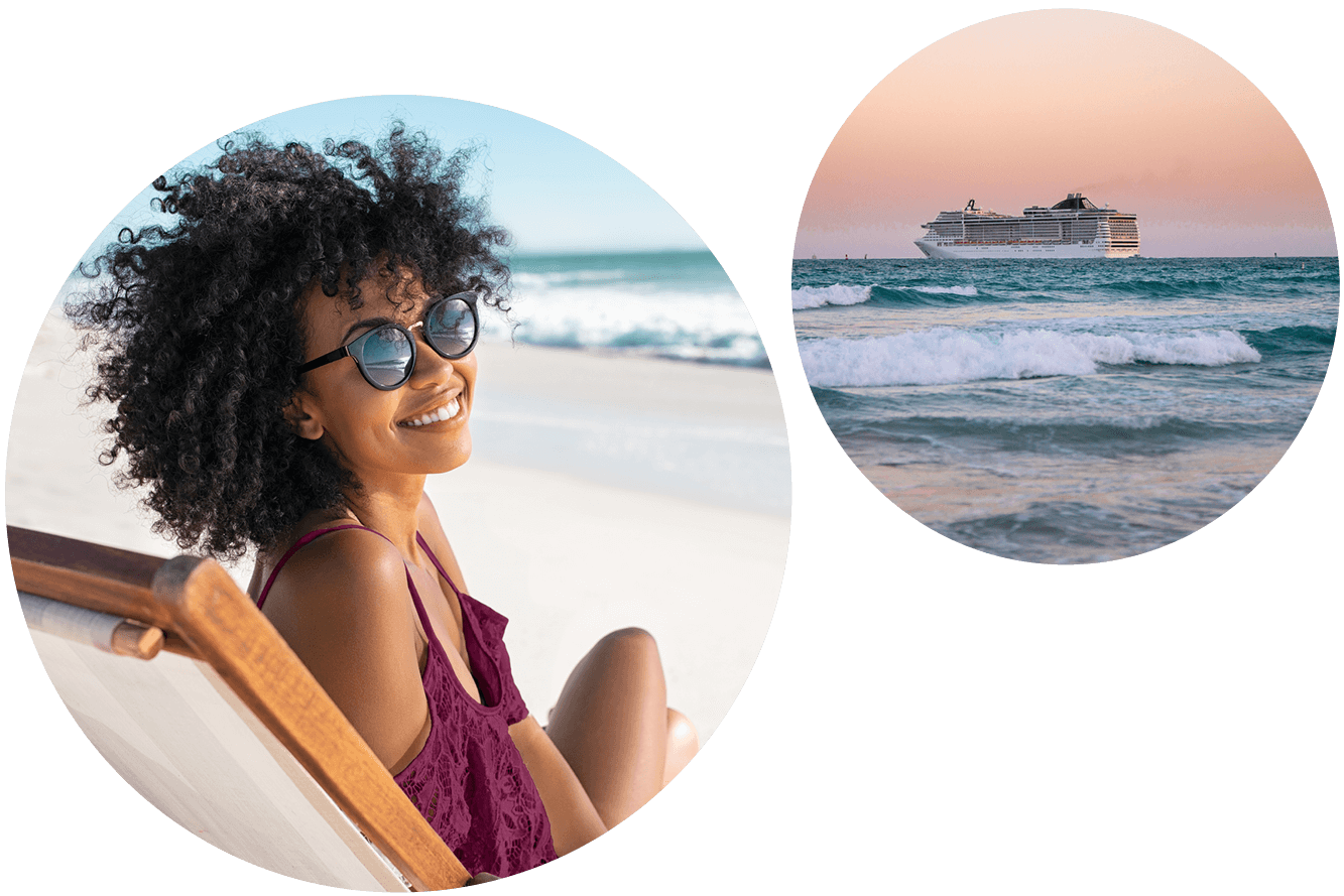 Woman relaxing on a beach chair and cruise ship sailing offshore at sunset.