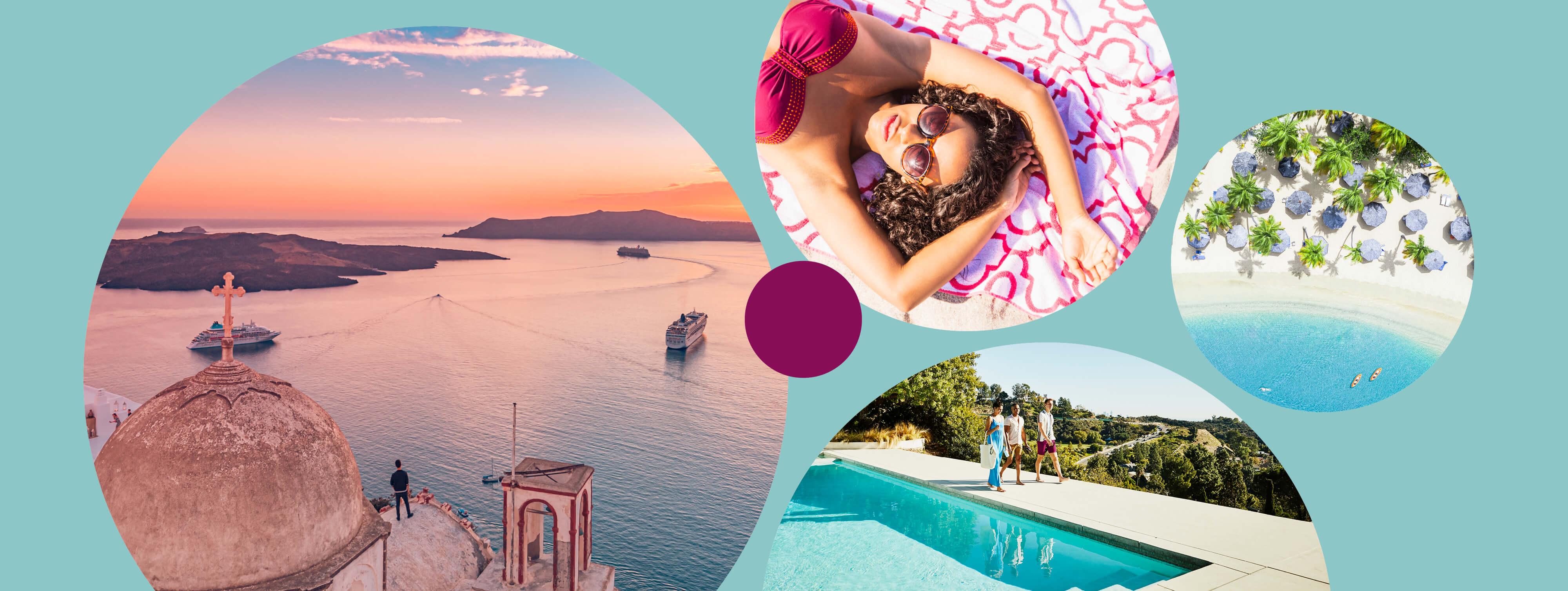 Sun-soaked travel collage featuring a Mediterranean cruise port, beach relaxation, tropical shoreline and poolside leisure.