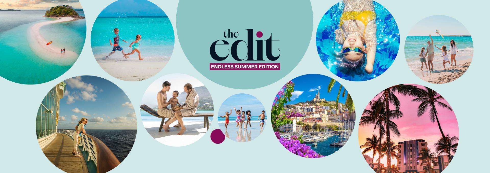 Summer vacation scenes featuring tropical beaches, family travel, cruise and seaside city.