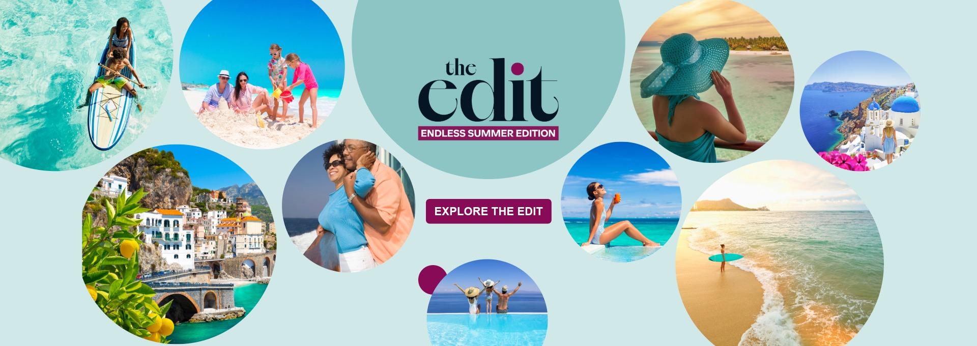 Endless summer travel collage with beaches, families, luxury escapes and coastal destinations