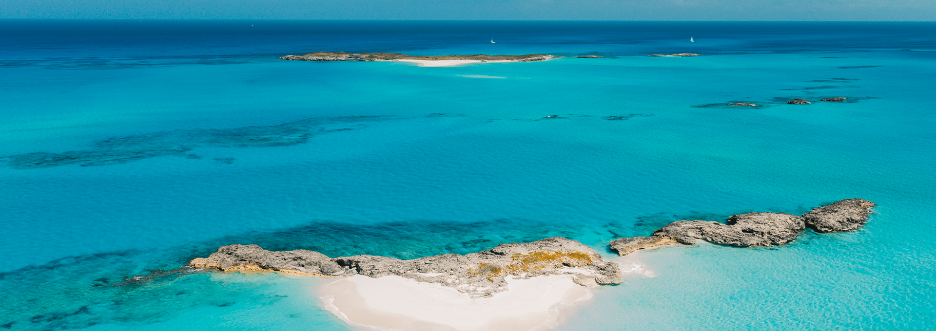 Aerial view of turquoise waters in the Bahamas