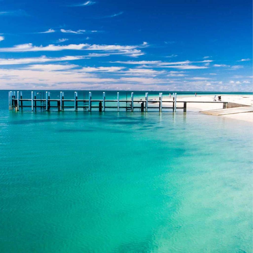 Turquoise waters and wooden jetty at Monkey Mia beach in Western Australia.