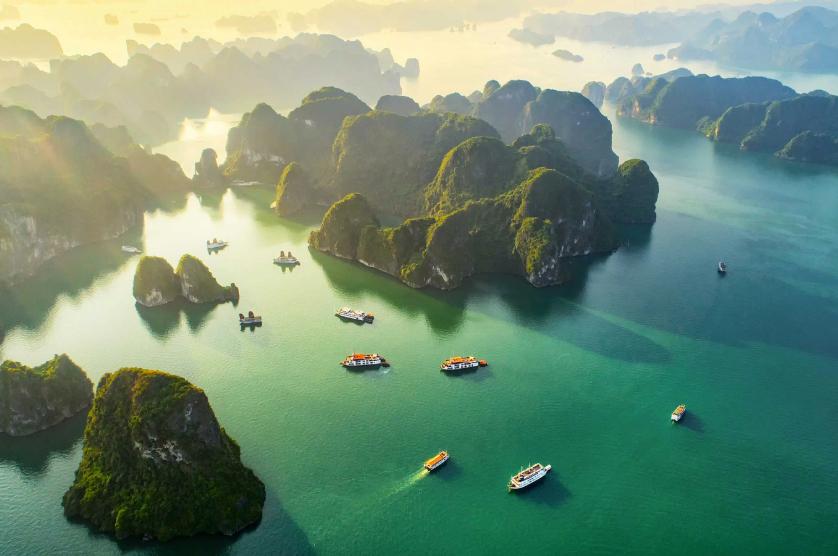 Halong Bay Vietnam limestone islands boats scenic aerial view