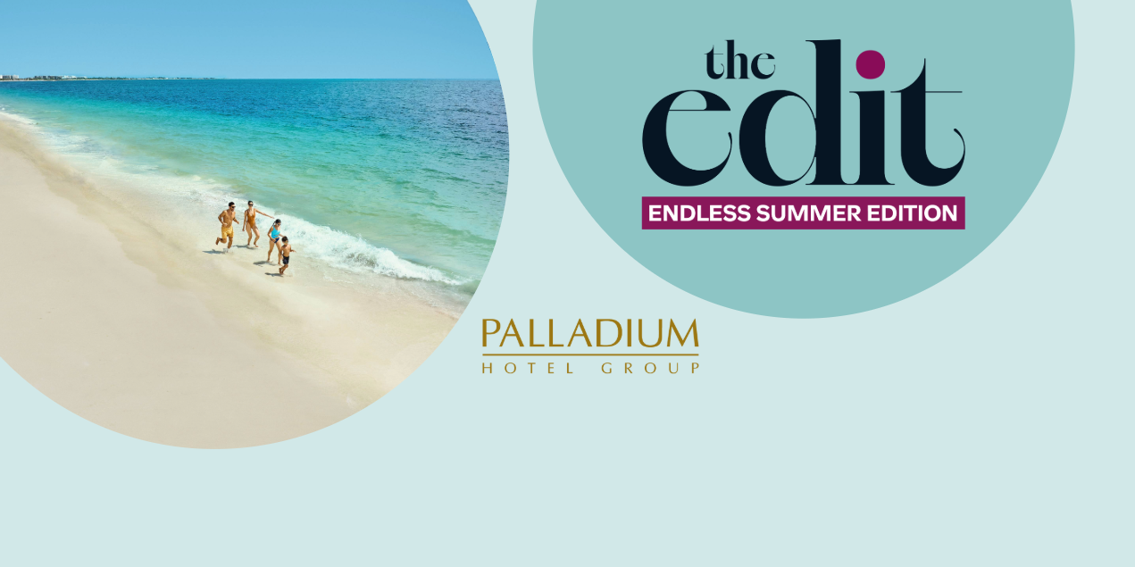 Family walking along beach at Palladium Hotel Group resort, Endless Summer Edition.